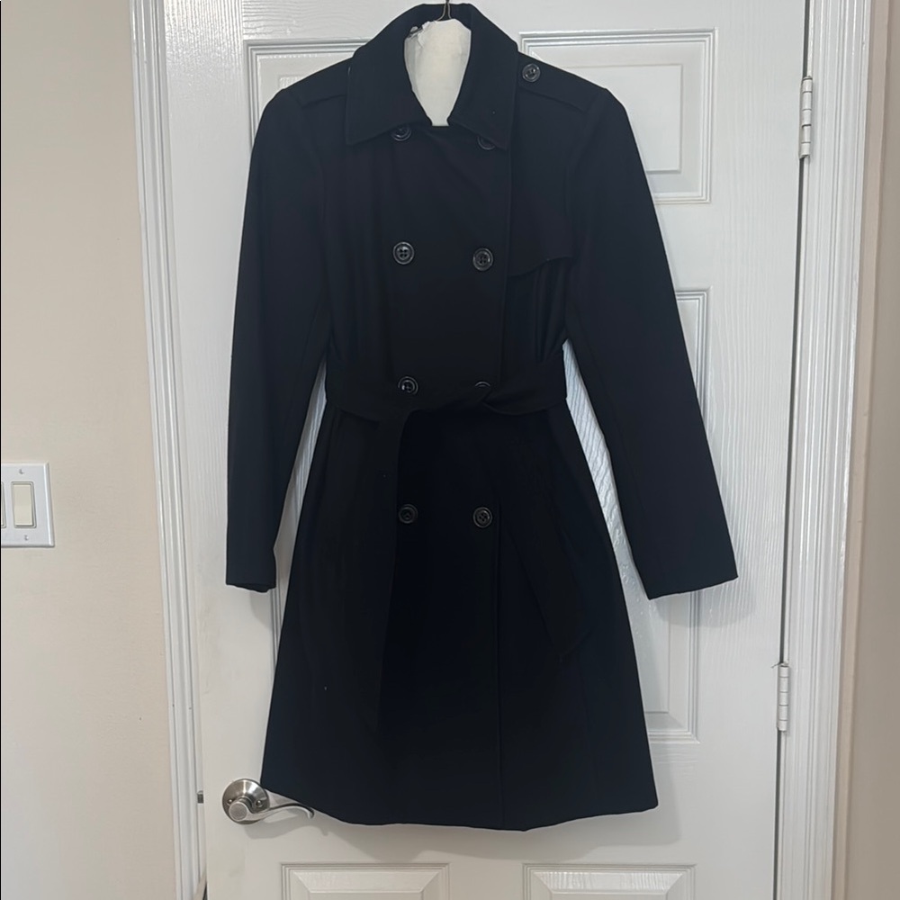 GAP Double Breasted Black Wool Blend Trench Coat Belted Pockets Lined Size M